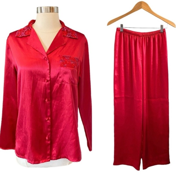 Victoria's Secret Other - Victoria’s Secret Red Satin Pajama Set With Floral Lace Trim